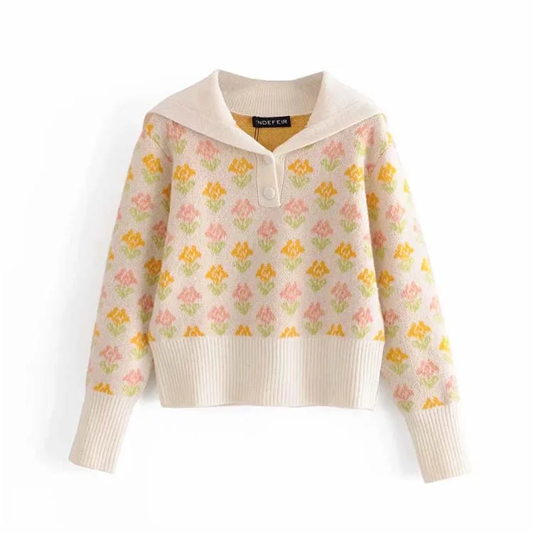 Price Drop Retro autumn girl sweet temperament two-color flower short sweater sweater  7163