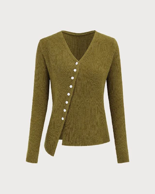 Amazing Value Women's Green V-Neck Ribbed Knit Cardigan