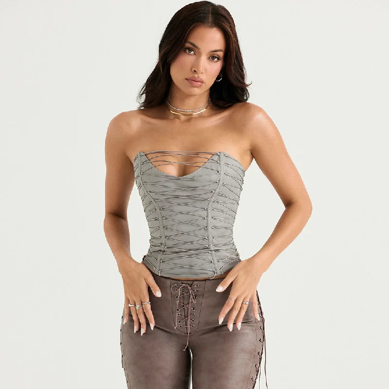 Year-End Sale Trendy Lace Up Sweetheart Neck Sleeveless Tube Crop Top - Gray