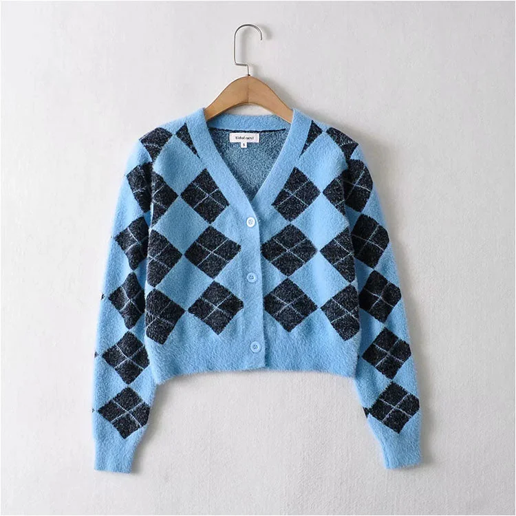 Weekend Savings Spectacle Slim and thickened hippocampal hair V-neck diamond lattice knitted coat 7180 Weekend Savings Spectacle Slim and thickened hippocampal hair V-neck diamond lattice knitted coat 7180
