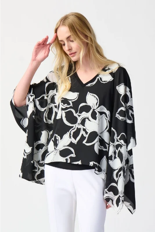Discount Deals Joseph Ribkoff Black/Vanilla Floral Print Two-Tone V-Neck Poncho Top 241170 Discount Deals Joseph Ribkoff Black/Vanilla Floral Print Two-Tone V-Neck Poncho Top 241170