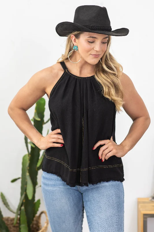 Super Sale Black Washed Fray Hem Contrast Stitch Top