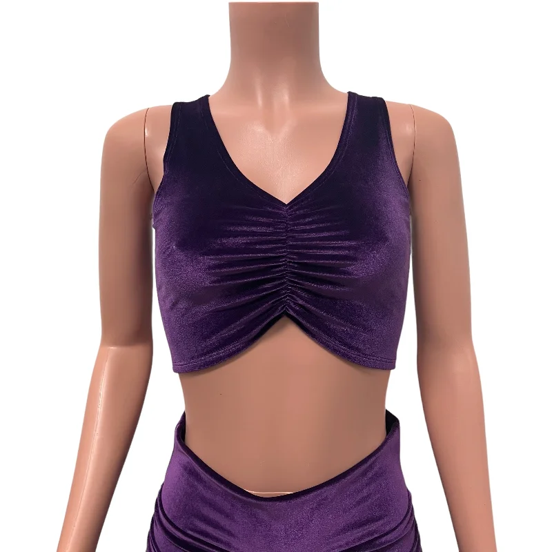 Steals and Deals Purple Velvet Ruched Crop Top Tank