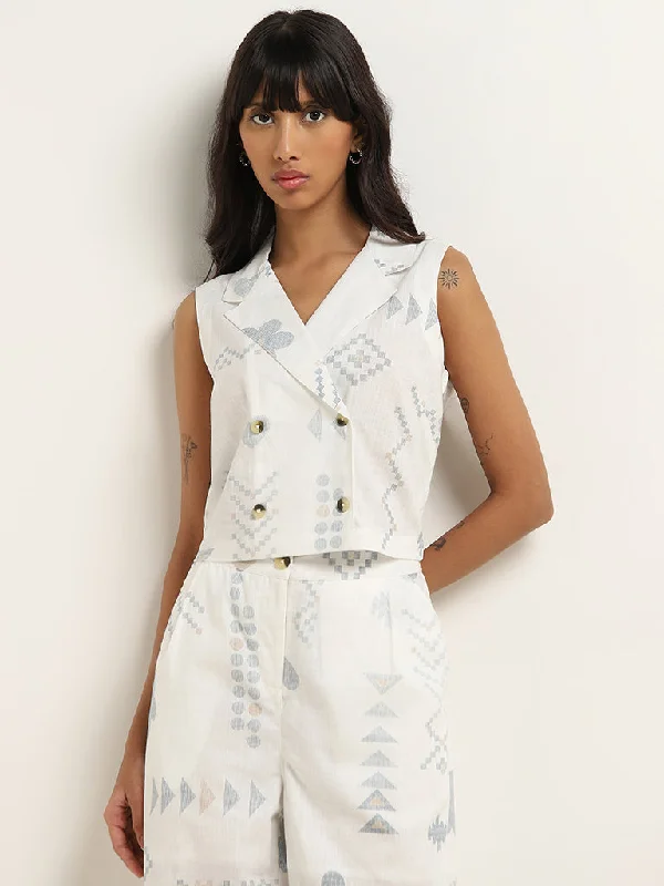 Deep Savings Bombay Paisley Off-White Printed Waistcoat-Style Cotton Top