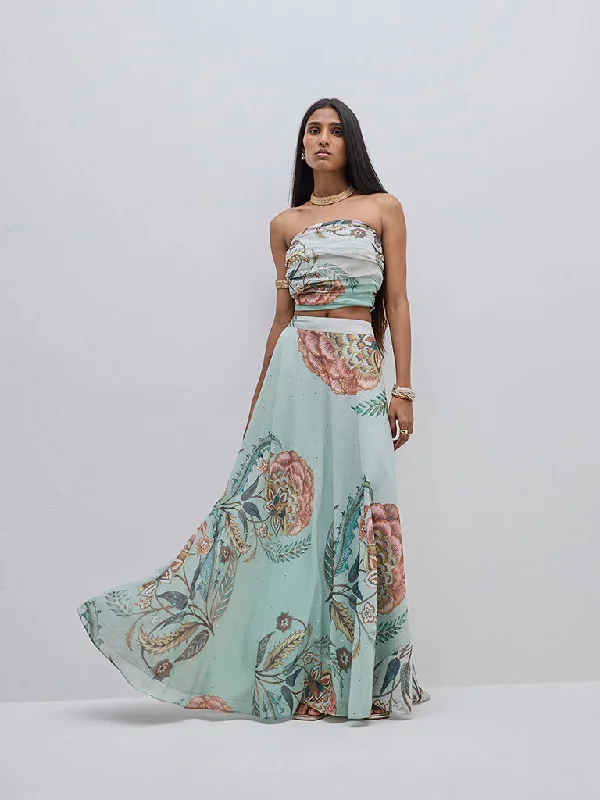 Year-End Deals Vark Light Teal Botanical Print Ruched Top