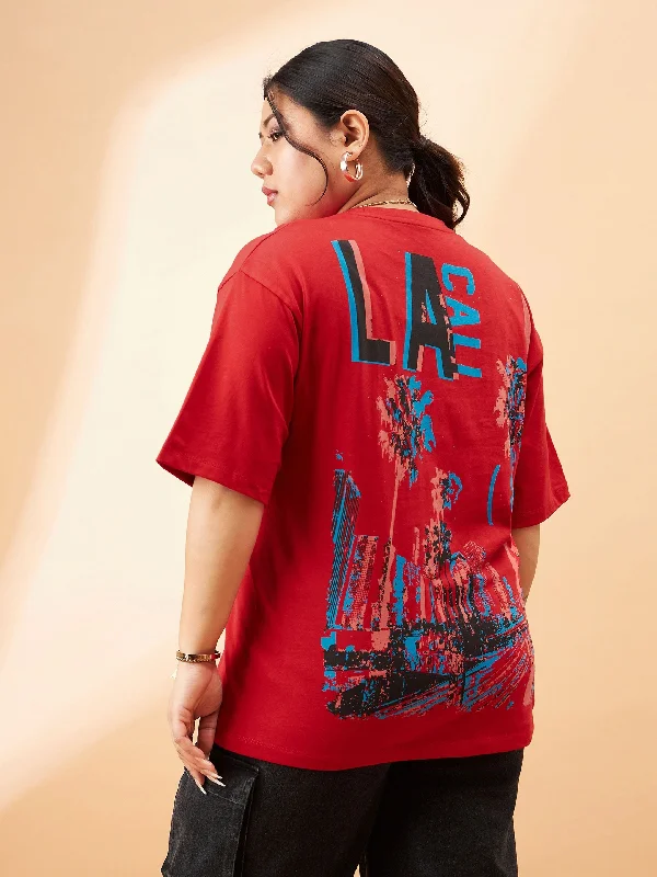 Factory Direct Sale Women Red Graphic LA Print T-Shirt