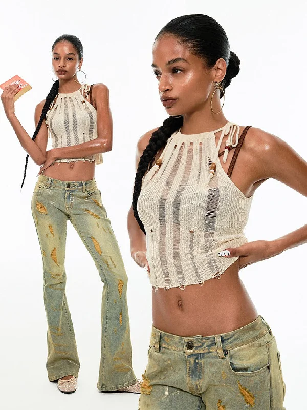 Weekend Discounts to Enjoy Mesh Knit Beaded Strap Tank TOP [S0000009178]