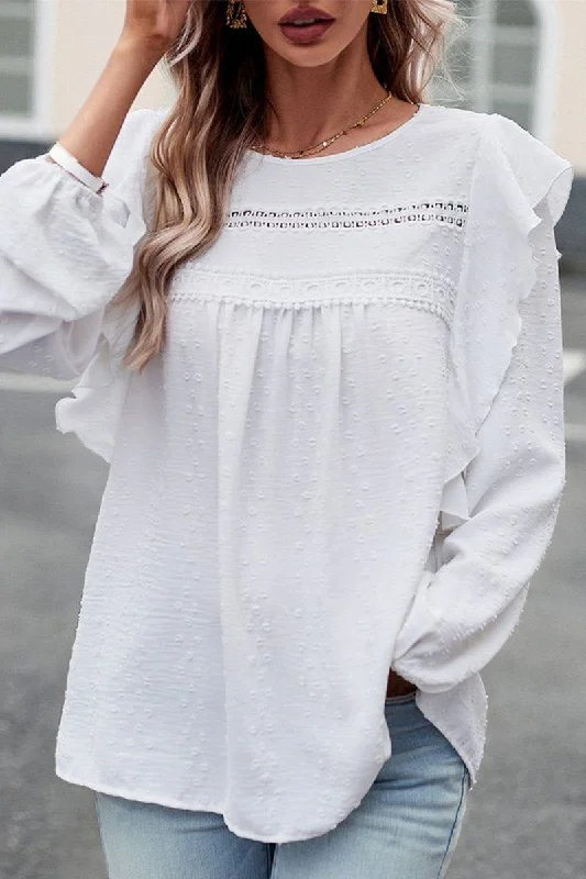 Don’t Miss Out LACE TRIM FRILL LONG LSEEVE SWISS DOT BLOUSE
