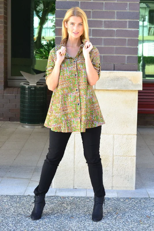 Weekend Discounts to Enjoy Green Pattern Pocket High Collar Tunic Shirt