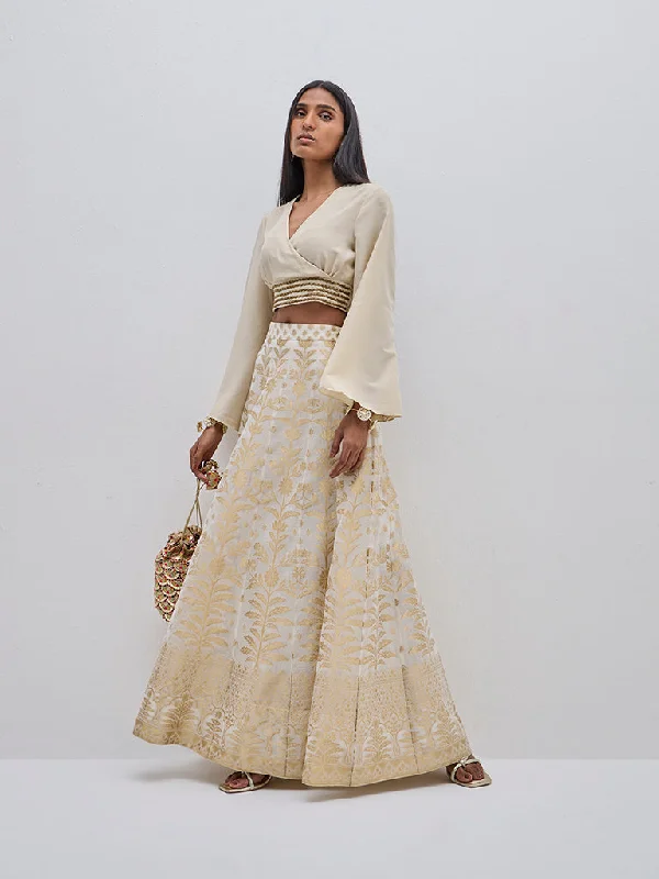 Weekend Specials Just for You Vark Beige Embellished Wrap-Style Top