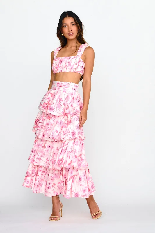 Bonus Savings Suenito Tiered Frill Maxi Skirt Floral Pink