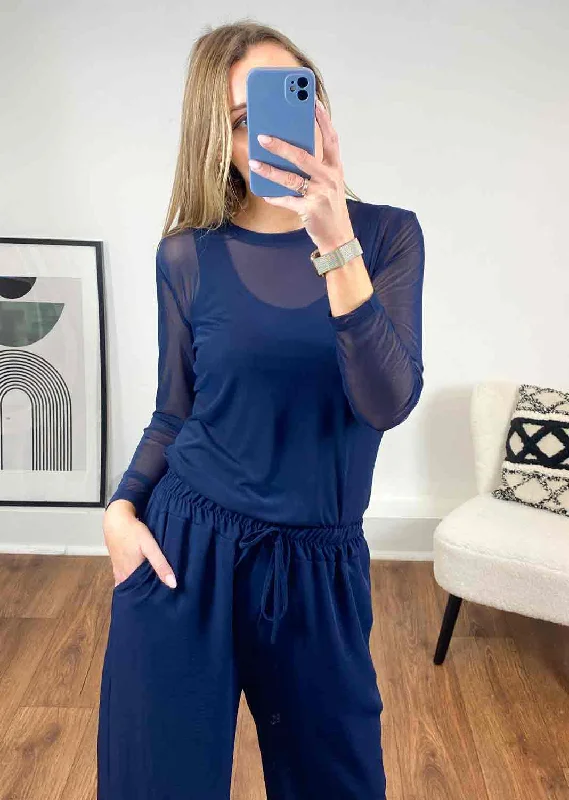 Weekend Offers That Tempt Long Sleeve Mesh Top in Navy