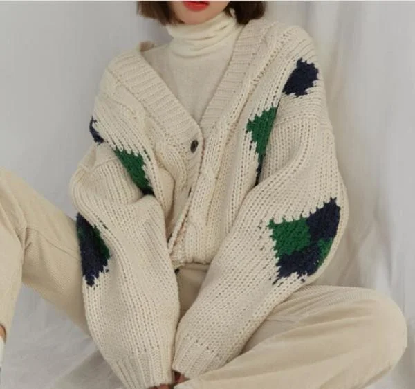 Weekend Extravaganza: Shop Now Loose diamond contrast color Knitting cardigan Sweater coat    S2794