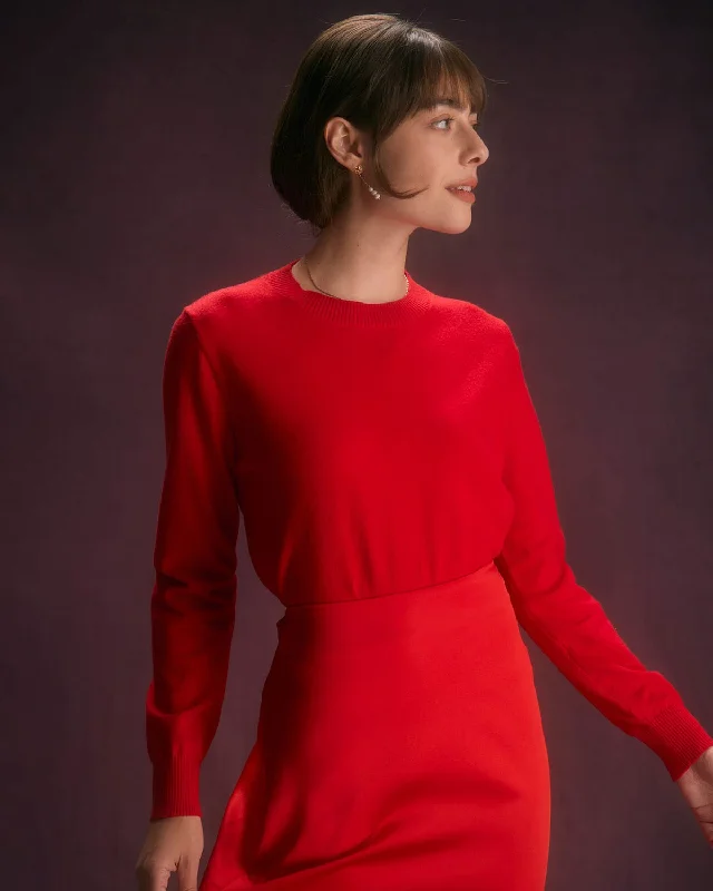 YEAR-End Sale The Red Round Neck Long Sleeve Sweater