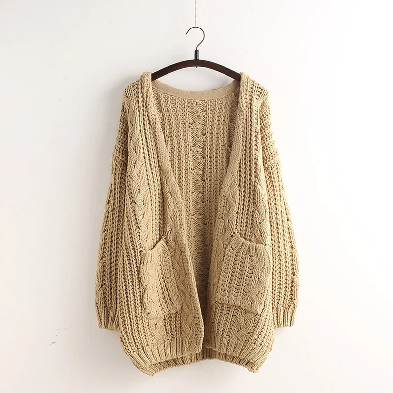 Pay Less Cable Loose Pockets Knit Long Cardigan      S3046