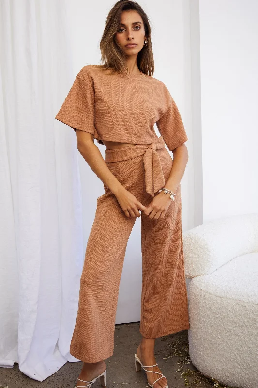 Act Now Larissa Waist Tie Wide Leg Pants Tan