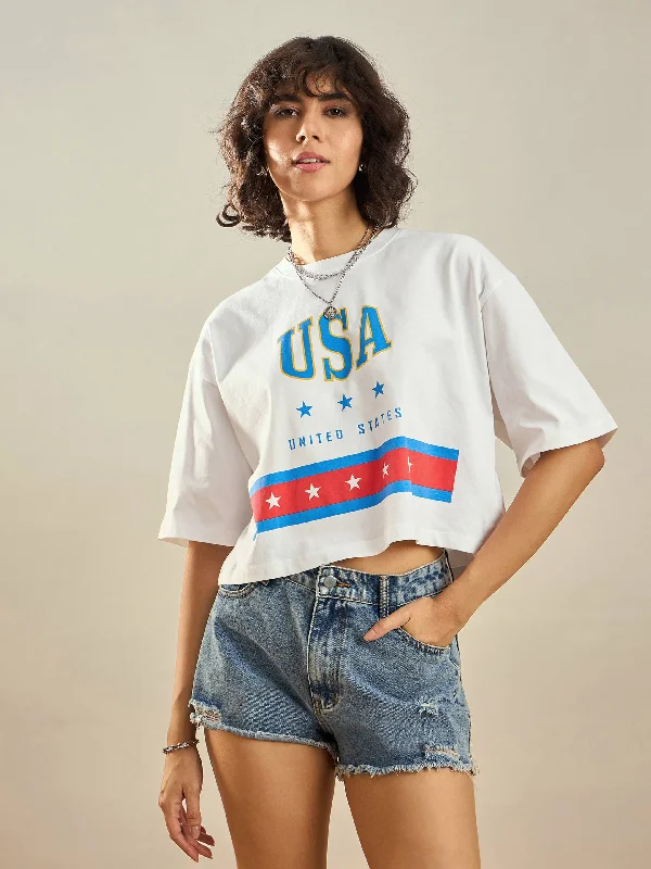 Weekend Deals That Dazzle Women White USA Printed Crop T-shirt