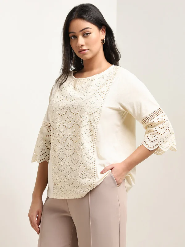 Special Savings Gia Beige Schiffli Design Cotton Top
