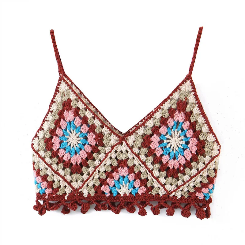 Year-End Clearance Pastel Granny Square Pattern V Neck Crochet Knit Cropped Top - Burgundy