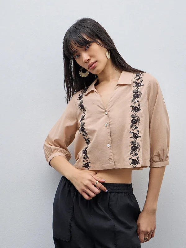 Price Cut Bombay Paisley Beige Floral Embroidered Cotton Shirt