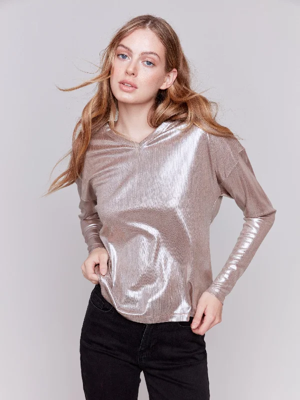 Super Bargain Foiled Knit Top with V-Neck - Truffle