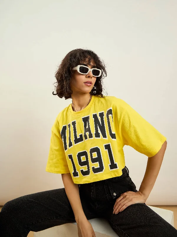 Can't Miss Women Yellow MILANO 1991 Printed Crop T-shirt