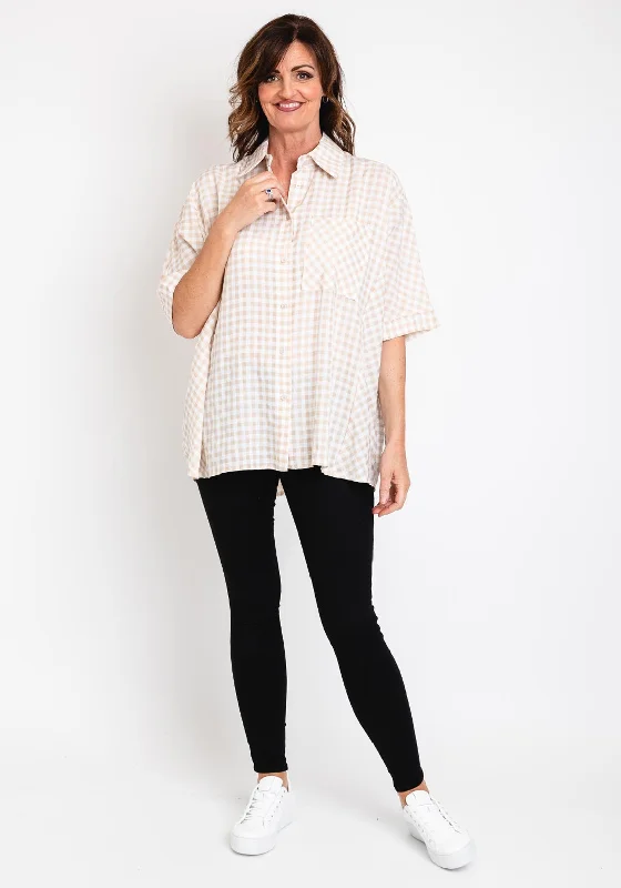 Weekend Wonders Await! Serafina Collection One Size Oversized Gingham Shirt, Beige