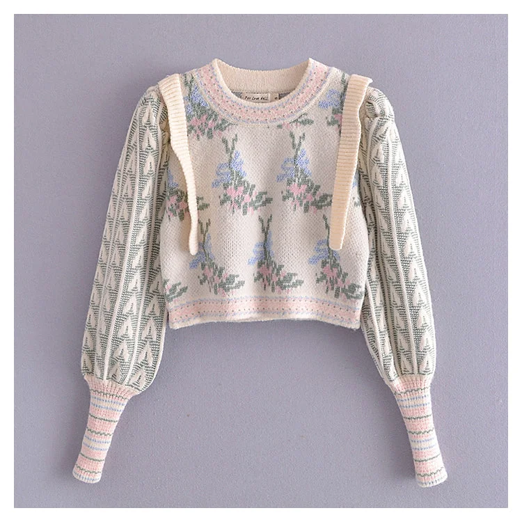 Special Offer Vintage jacquard sweater women's bubble sleeve sweater  7165