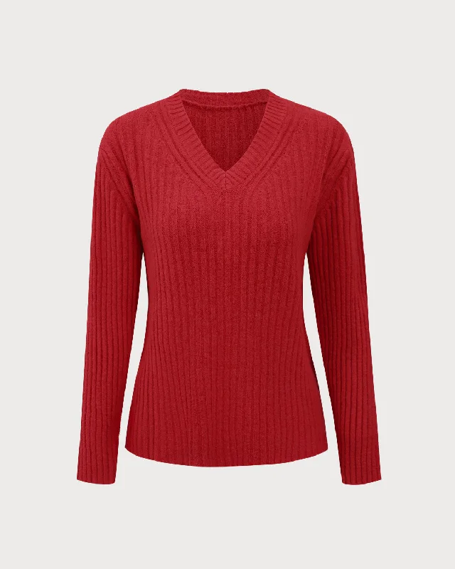 Best Seller Red V-Neck Ribbed Sweater