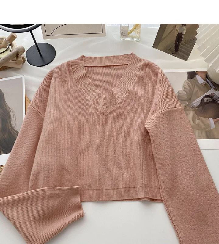 Special Price Lazy knit sweater solid V-neck Pullover Top  6677