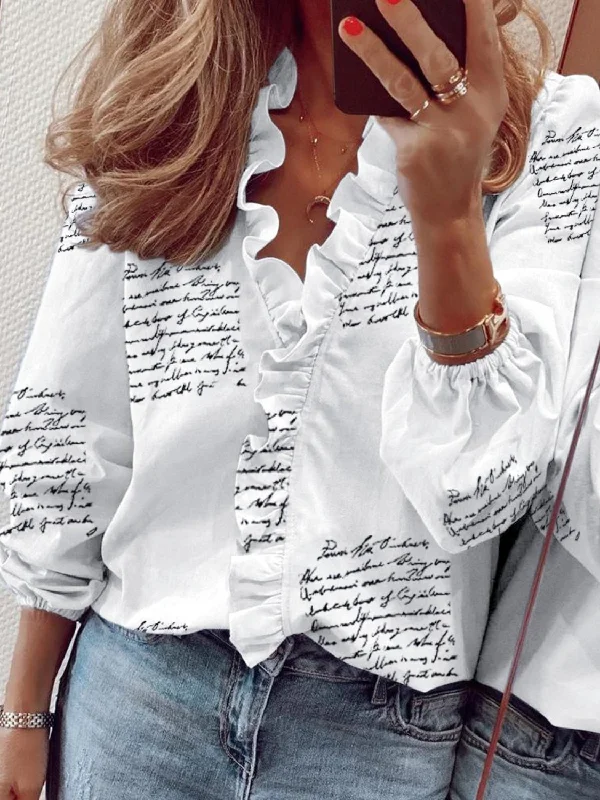 Can't Miss Ruffled Printed V-Neck Long Sleeve Blouse