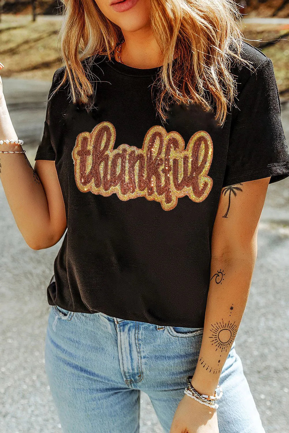 Deep Savings THANKFUL Sequin Round Neck Short Sleeve T-Shirt
