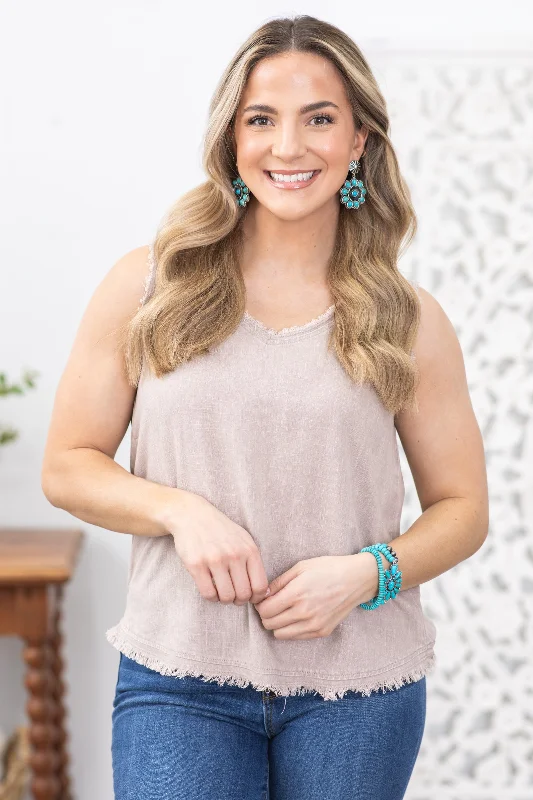 Today Only Mocha Washed Linen Frayed V-Neck Top