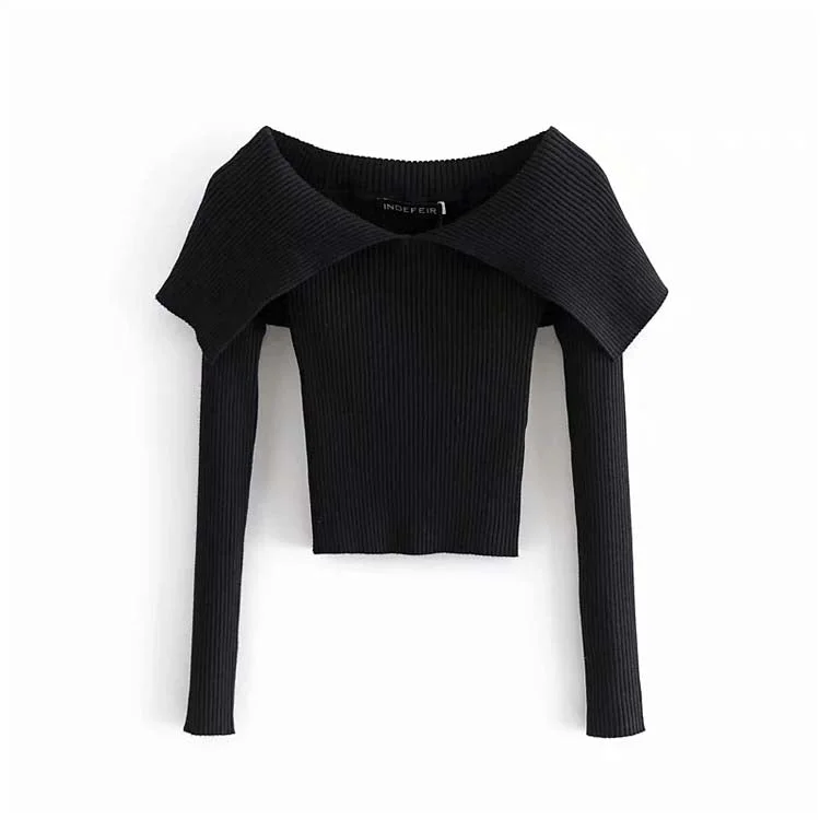 Big Discounts Design sense large lapel off shoulder long sleeve knit top  7151