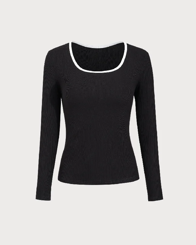 Discount Mania Black Contrasting Square Neck Slim Sweater