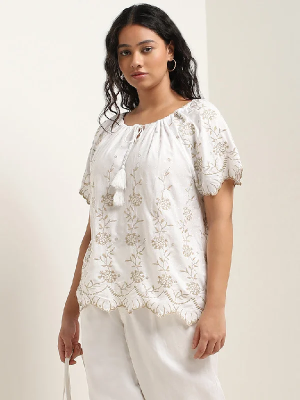 Celebrate the Weekend with Discounts Gia White Floral Embroidered Cotton Blouse