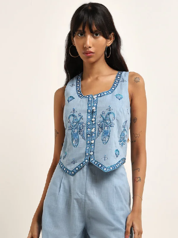 Loyalty Reward Bombay Paisley Light Blue Waistcoat-Style Cotton Top