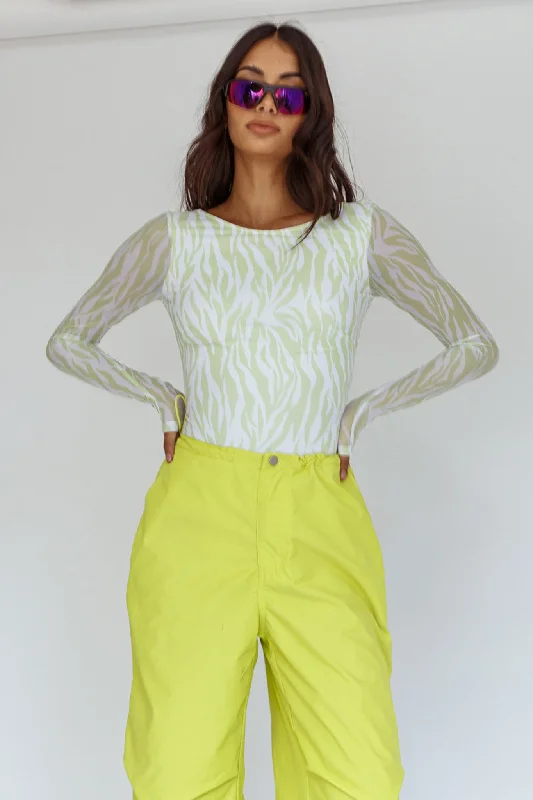 Deep Savings Juni Long Sleeve Low Back Mesh Bodysuit Tiger Lime