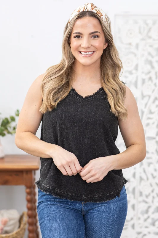 Limited Stock Black Washed Linen Frayed V-Neck Top