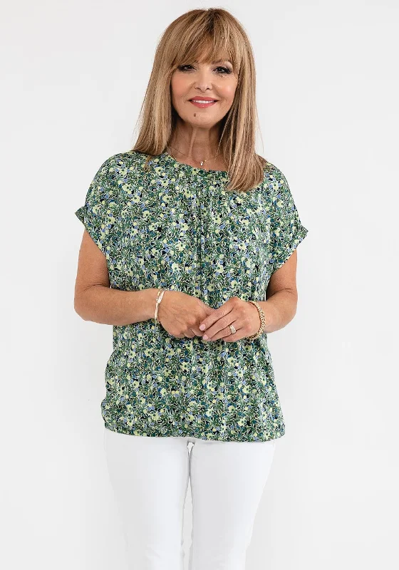 Weekend Steals Await Fransa Pleat Neck Floral Top, Green Multi