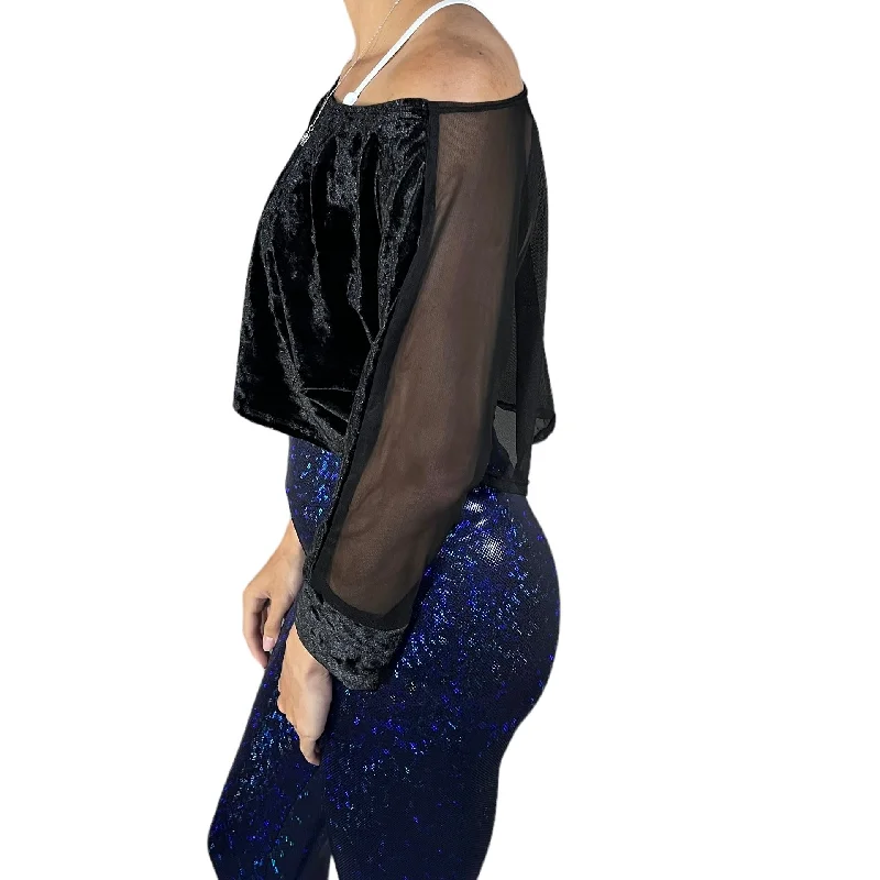 Weekend Bargains to Grab Dolman Crop Top Loose Tee in Black Crushed Velvet and Black Mesh Weekend Bargains to Grab Dolman Crop Top Loose Tee in Black Crushed Velvet and Black Mesh