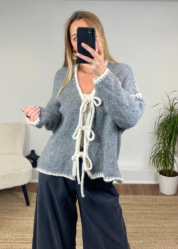 Low Prices Jules Tie Front Stitch Cardigan in Grey