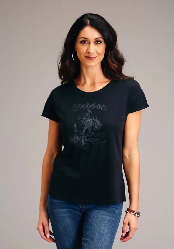 Major Savings Stetson Womens Black 100% Cotton Bronc Rider S/S T-Shirt