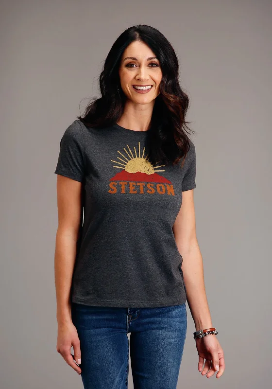 Midnight Madness Stetson Womens Dark Grey Cotton Blend Sunset and Mountain S/S T-Shirt