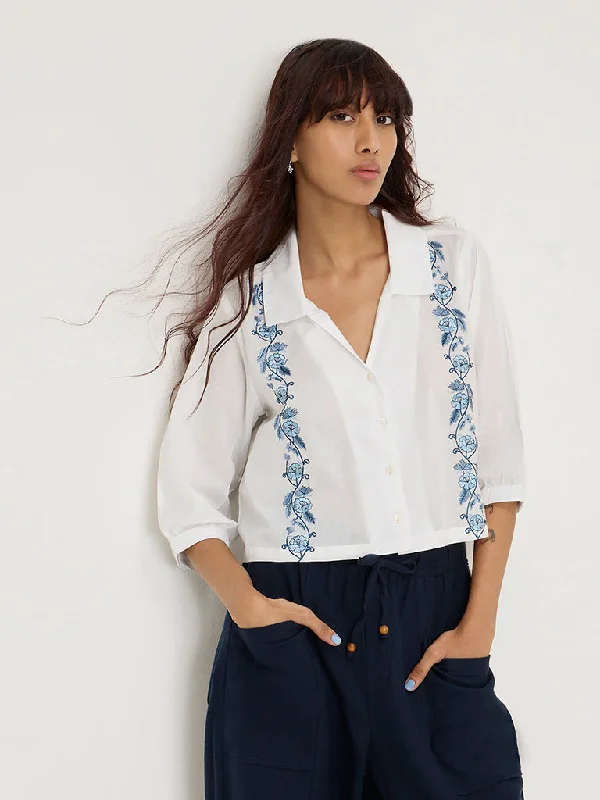 Shop Now Bombay Paisley White Floral Embroidered Cotton Shirt