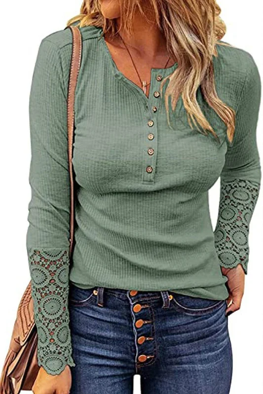 Weekend Extravaganza: Shop Now WOMEN LACE CROCHET SLEEVED HALF BUTTON UP TOP