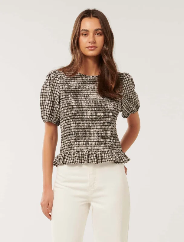 Super Discount Sadie Checked Shirred Top