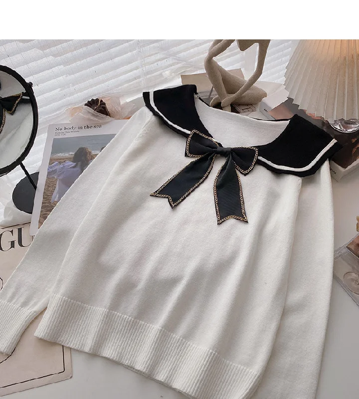 Extra Discounts Long sleeved sweater personalized bow Navy collar top  6690