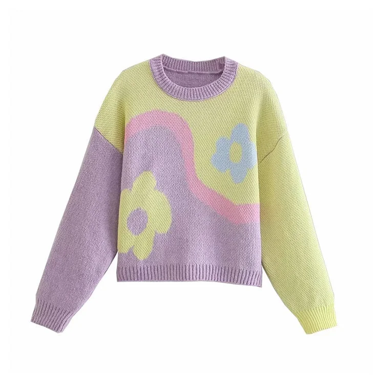 Final Markdown Sweet color matching round neck long sleeve sweater  7174