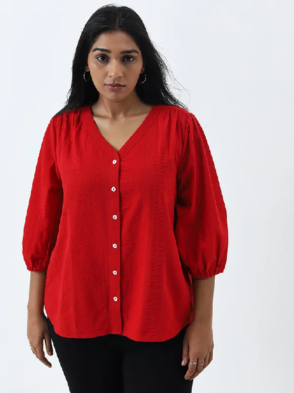 Special Promotion Gia Red Striped Seersucker Textured Blouse